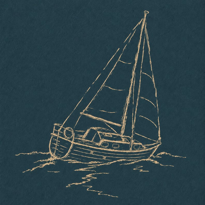 A loose sand-colored sketch of a wooden sailboat viewed from the port quarter, heeling gently as it sails away, on textured slate blue.